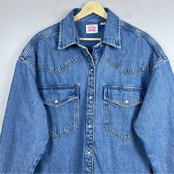 Levis Men's Blue Denim Pearl Snap Western Shirt/ Shacket PC9-A3373-0004 Size L - Picture 2 of 15